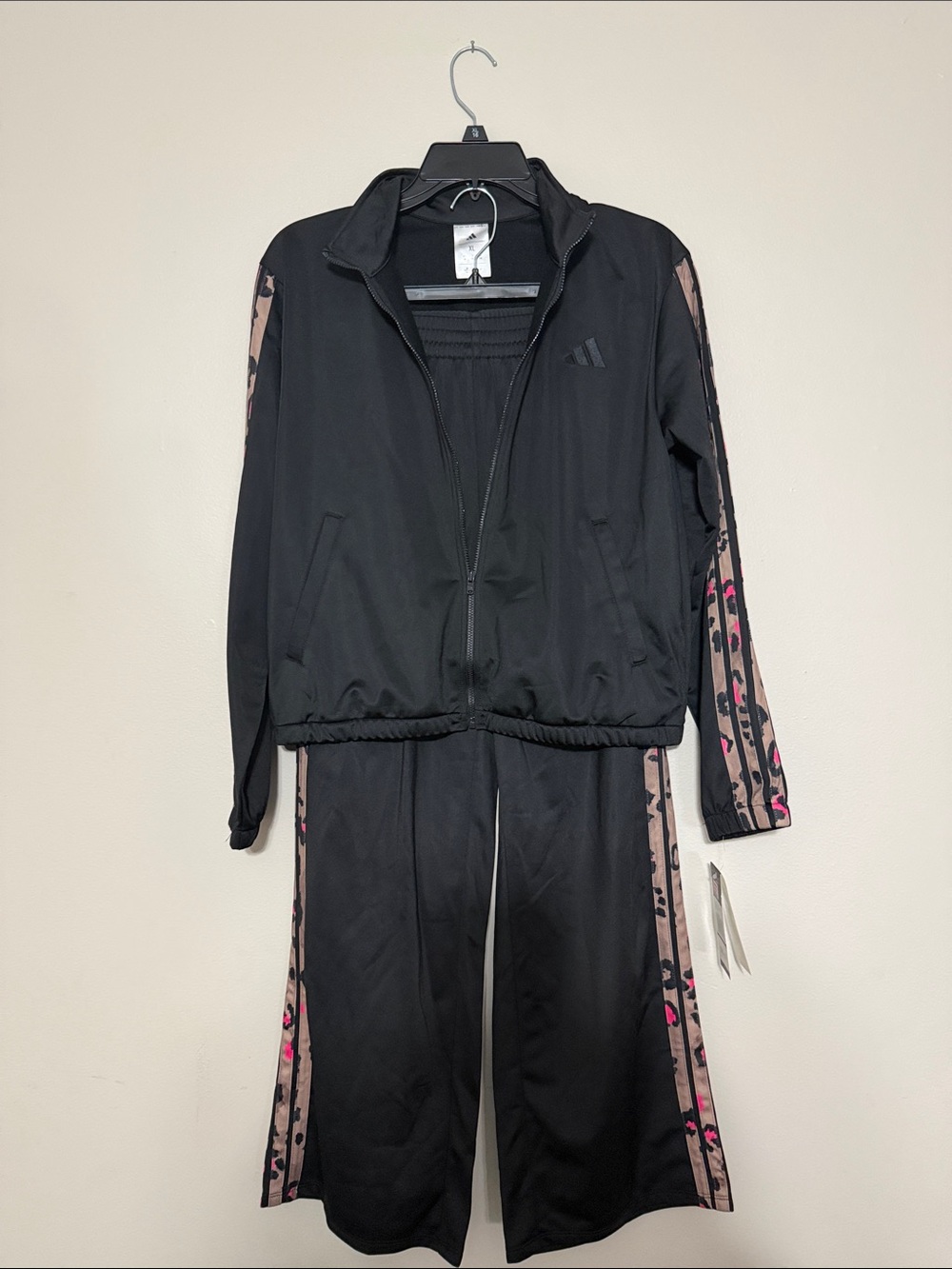 adidas Originals Black Track Jacket & Joggers with Pink Leopard Stripe